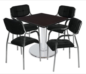 Via 42" Square Platter Base Table - Mocha Walnut/Chrome & 4 Uptown Side Chairs - Black