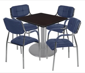 Via 42" Square Platter Base Table - Mocha Walnut/Grey & 4 Uptown Side Chairs - Navy