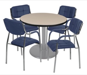 Via 42" Round Platter Base Table - Beige/Grey & 4 Uptown Side Chairs - Navy