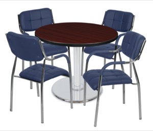 Via 42" Round Platter Base Table - Mahogany/Chrome & 4 Uptown Side Chairs - Navy