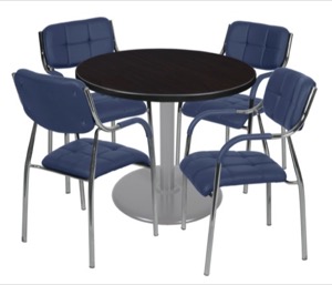 Via 42" Round Platter Base Table - Mocha Walnut/Grey & 4 Uptown Side Chairs - Navy
