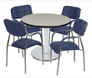 Via 42" Round Platter Base Table - Maple/Chrome & 4 Uptown Side Chairs - Navy