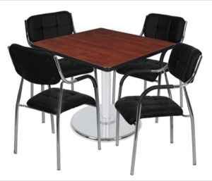 Via 48" Square Platter Base Table - Cherry/Chrome & 4 Uptown Side Chairs - Black