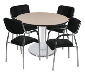 Via 48" Round Platter Base Table - Beige/Chrome & 4 Uptown Side Chairs - Black
