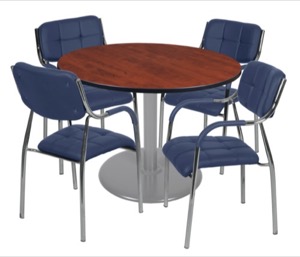 Via 48" Round Platter Base Table - Cherry/Grey & 4 Uptown Side Chairs - Navy