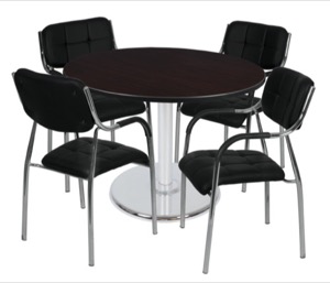 Via 48" Round Platter Base Table - Mocha Walnut/Chrome & 4 Uptown Side Chairs - Black