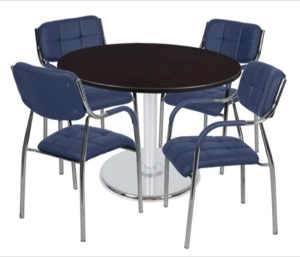 Via 48" Round Platter Base Table - Mocha Walnut/Chrome & 4 Uptown Side Chairs - Navy
