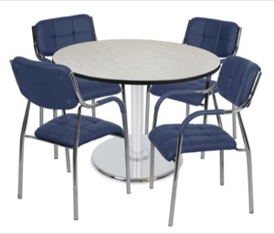 Via 48" Round Platter Base Table - Maple/Chrome & 4 Uptown Side Chairs - Navy