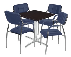 Via 30" Square X-Base Table - Mocha Walnut/Chrome & 4 Uptown Side Chairs - Navy