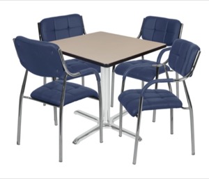 Via 36" Square X-Base Table - Beige/Chrome & 4 Uptown Side Chairs - Navy