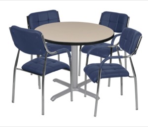 Via 36" Round X-Base Table - Beige/Grey & 4 Uptown Side Chairs - Navy