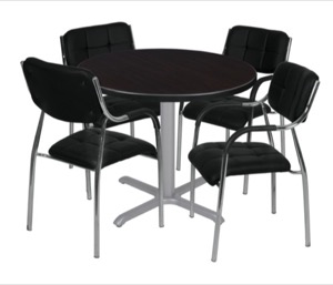 Via 36" Round X-Base Table - Mocha Walnut/Grey & 4 Uptown Side Chairs - Black