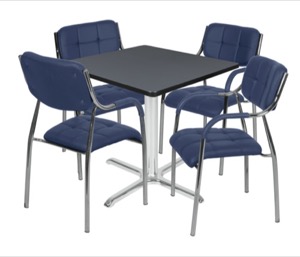 Via 42" Square X-Base Table - Grey/Chrome & 4 Uptown Side Chairs - Navy