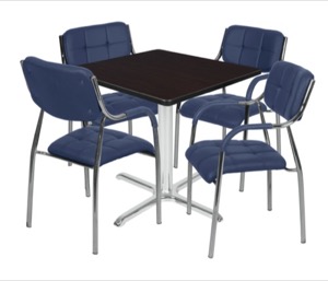 Via 42" Square X-Base Table - Mocha Walnut/Chrome & 4 Uptown Side Chairs - Navy