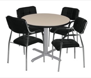 Via 42" Round X-Base Table - Beige/Grey & 4 Uptown Side Chairs - Black