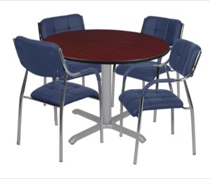 Via 48" Round X-Base Table - Mahogany/Grey & 4 Uptown Side Chairs - Navy