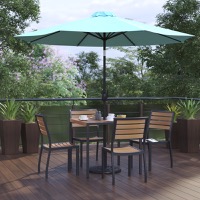 Lark - All-Weather Faux Teak Patio Table & 4 Chair Set & Umbrella and Base - Teal