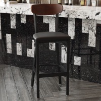 Wright - Commercial Bar Stool & Vinyl Upholstered Seat and Wood Boomerang Back - Walnut Wood Back/Black Vinyl Seat
