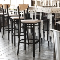 Wright - Commercial Bar Stool & Vinyl Upholstered Seat and Wood Boomerang Back - Natural Birch Wood Back/Gray Vinyl Seat