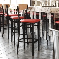 Wright - Commercial Bar Stool & Vinyl Upholstered Seat and Wood Boomerang Back - Natural Birch Wood Back/Red Vinyl Seat