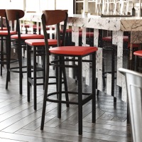 Wright - Commercial Bar Stool & Vinyl Upholstered Seat and Wood Boomerang Back - Walnut Wood Back/Red Vinyl Seat